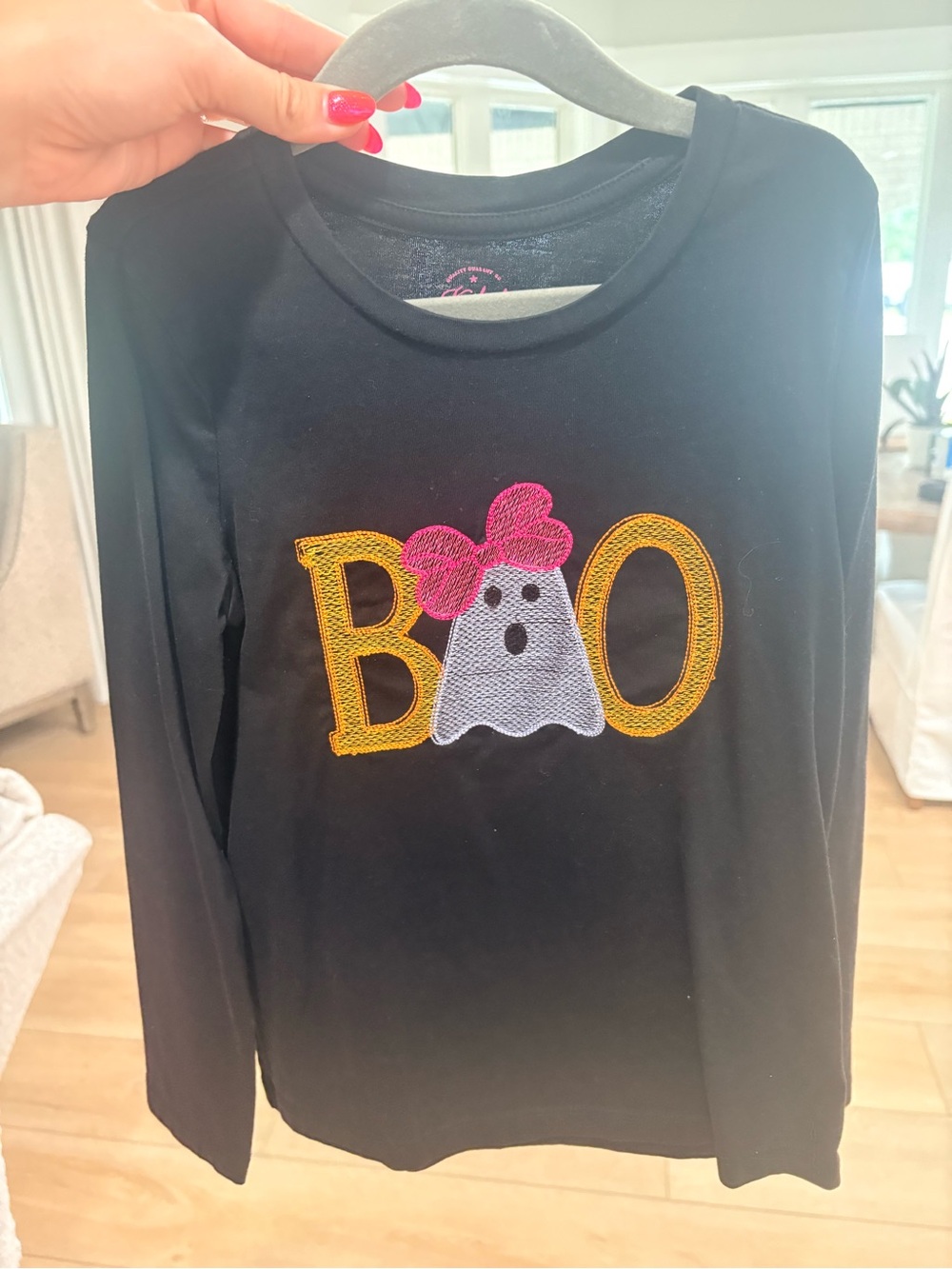 Faded Glory Black Long Sleeve Tee with BOO Ghost Applique